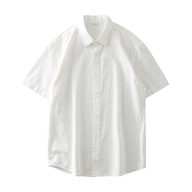 白色重磅纯棉短袖衬衫 350g日系宽松